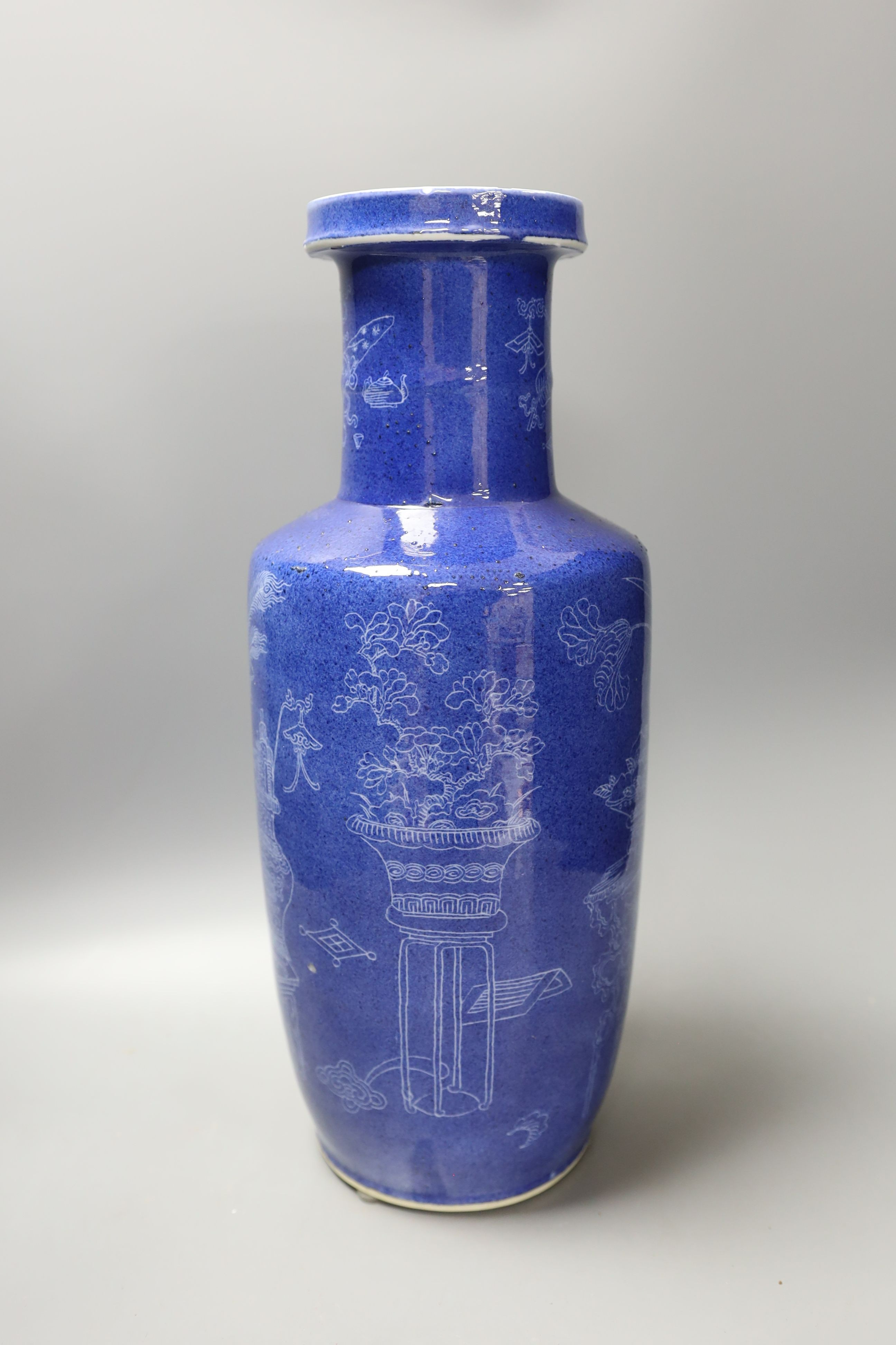 An early 20th century Chinese powder blue sgraffito rouleau vase - 44.5cm tall